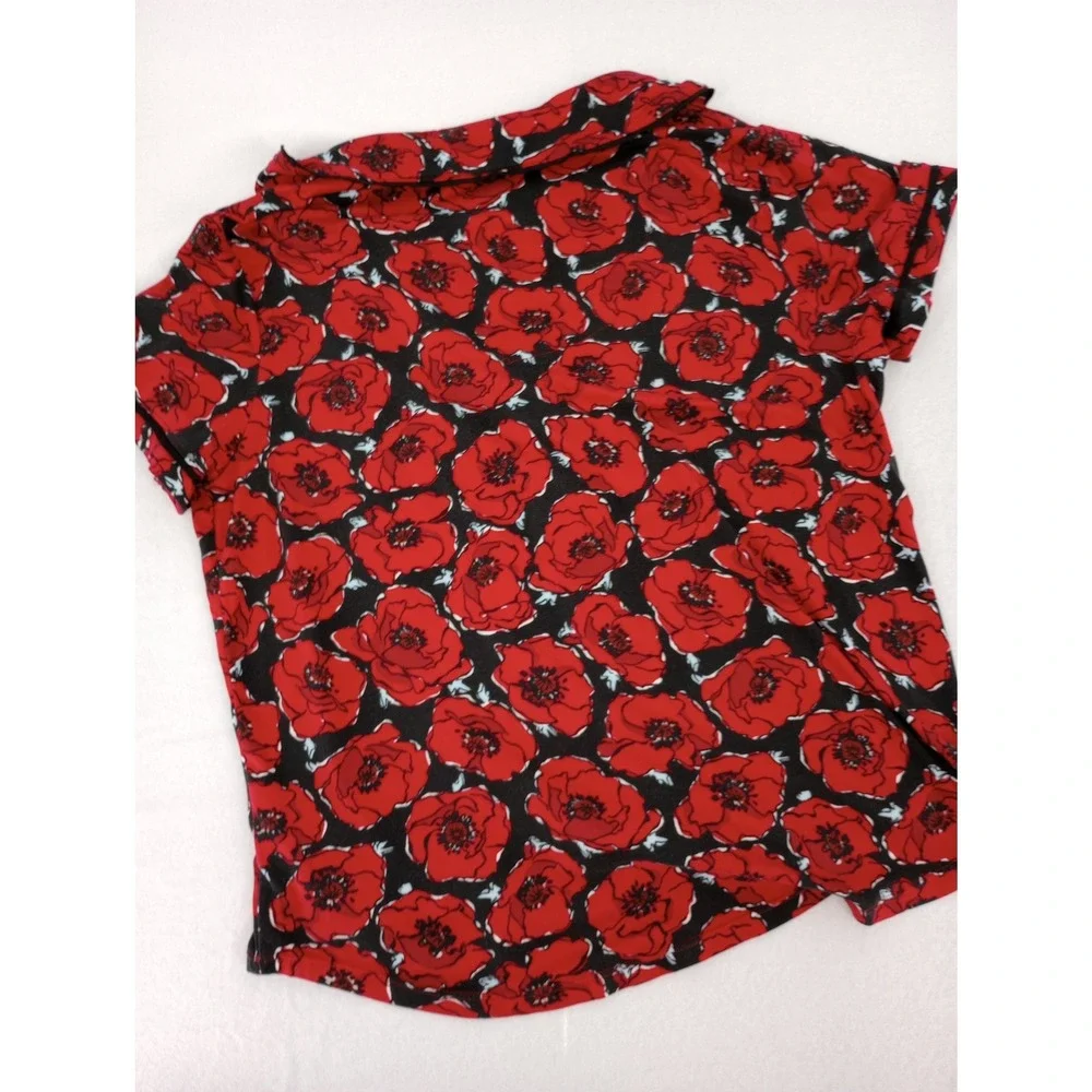 Kate Spade Pajama Top Women Medium Red Poppy Floral Short Sleeve Button Front